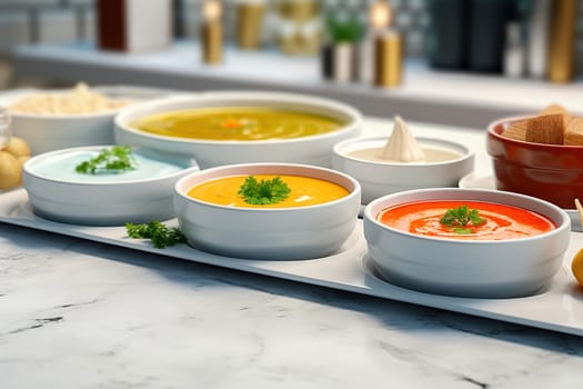 Various types of soup in the restaurant. Assorted soups. High quality photo