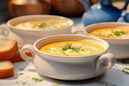 Various types of soup in the restaurant. Assorted soups. High quality photo