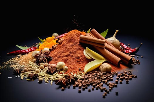 A bunch of spices scattered on a black background. High quality photo