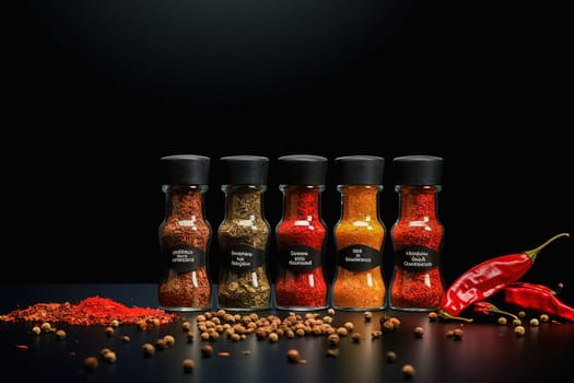 Spicy condiment for food in glass jars. High quality photo