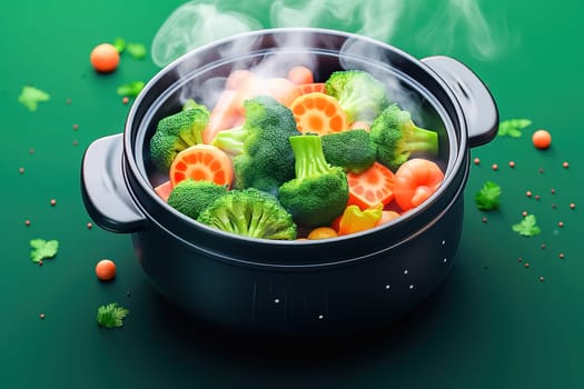 Fresh vegetables steamed in a saucepan. High quality photo