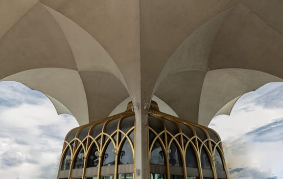 Bangkok,Thailand - May 28, 2023 - Architecture design View of The Foundation of the Central Mosque and Islamic Center of Thailand. Detail of exterior building built for Islamic Affairs are designed with elegant, Islamic art concept. Muslim mosque, Islamic mosque, Copy space, Selective focus.