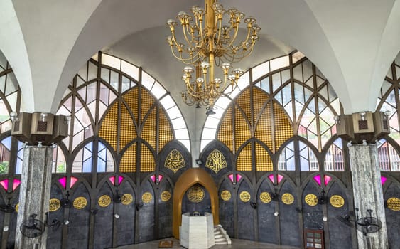 Bangkok, Thailand - Jul 28, 2023 - Architecture design inside the Foundation of the Central Mosque and Islamic Center of Thailand. Detail of interior building built for Islamic Affairs are designed with elegant, Islamic art concept. Religion Islam, Muslim mosque, Islamic mosque, Space for text, Selective focus.