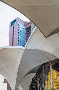 Bangkok, Thailand - Jul 28, 2023 - Architecture design view of the classic Central Mosque and Islamic Center and the new Condominium are coexisted perfectly. Space for text, Selective focus.