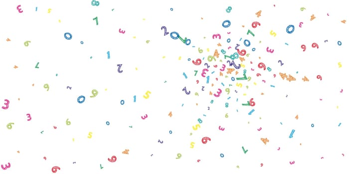 Falling colorful messy numbers. Math study concept with flying digits. Radiant back to school mathematics banner on white background. Falling numbers illustration.