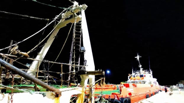 Fishing boats docked and secured at the quayside of the city harbour.