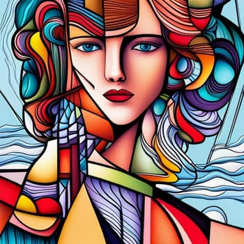 Female portrait painting in the style of cubism in vibrant colors. AI Generated.