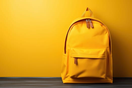 Yellow bag on wooden table, Back to School concept, Generate Ai.