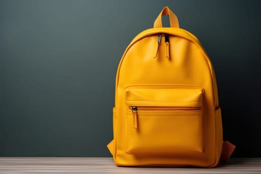 Yellow bag on wooden table, Back to School concept, Generate Ai.