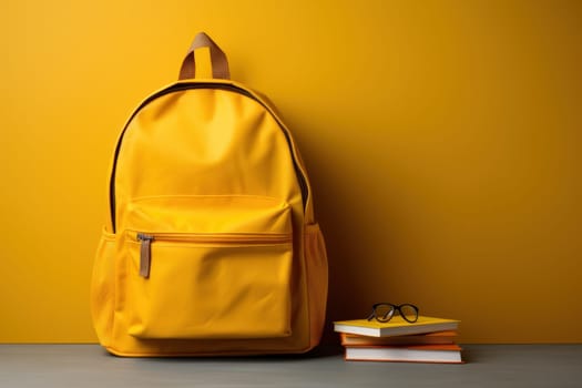 Yellow bag and notebook, pencil on wooden table, Back to School concept, Generate Ai.