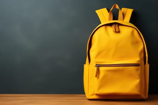 Yellow bag on wooden table, Back to School concept, Generate Ai.