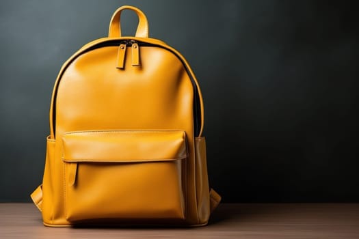 Yellow bag on wooden table, Back to School concept, Generate Ai.