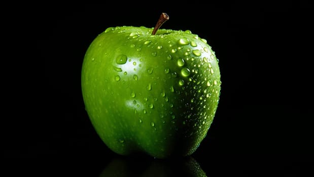 Green apple on a black background. Tasty and juicy. High quality photo