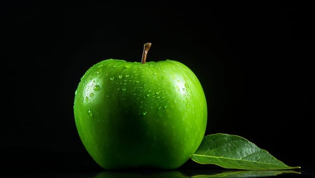 Green apple on a black background. Tasty and juicy. High quality photo