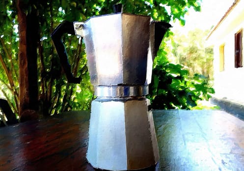 A moka coffee machine ready on the table in the garden on a summer morning.