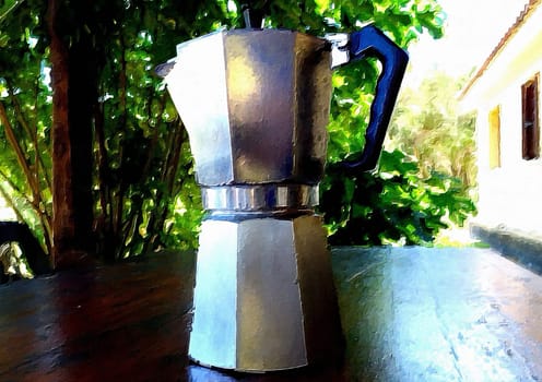 A moka coffee machine ready on the table in the garden on a summer morning.
