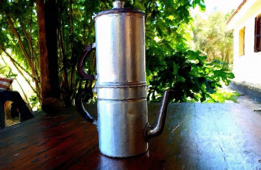 A Neapolitan coffee machine on the table in the garden on a summer morning.