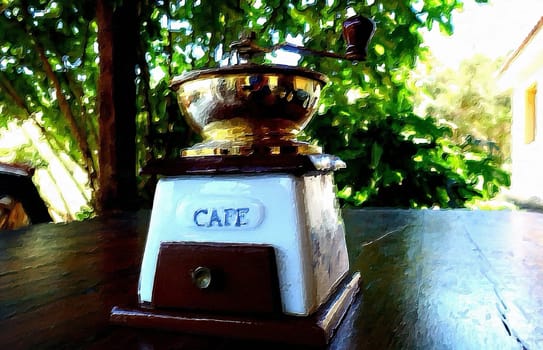 An antique coffee grinder on the table in the garden on a summer morning.