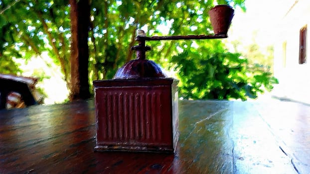 An antique coffee grinder on the table in the garden on a summer morning.