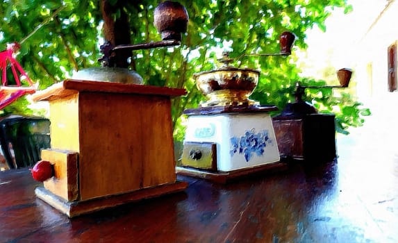 Antique coffee grinders on the table in the garden on a summer morning.