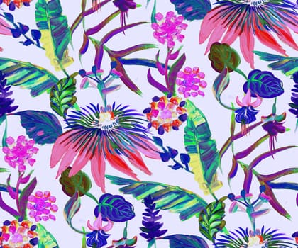 Seamless pattern with tropical colorful art flowers and palm leaves for textile