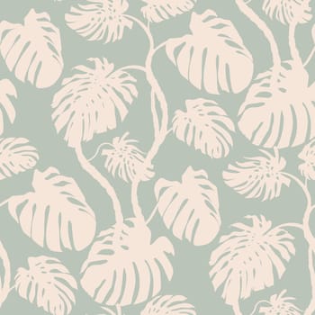 Pattern with silhouettes of monstera bushes in monochrome in pastel shades with leaves and a trunk for textiles and prints