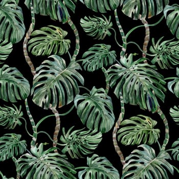 Seamless watercolor pattern with monstera flower on a black background for prints and textile design