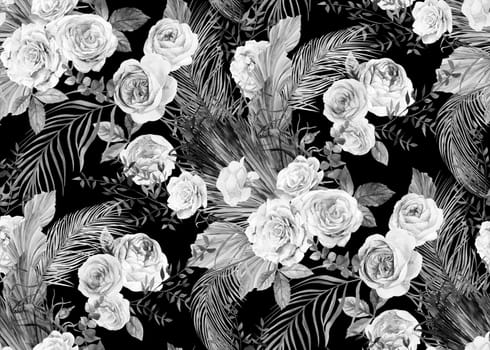 Seamless black and white pattern with a Bouquet of roses and tropical dried flowers for textile