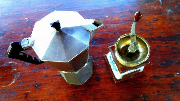 A moka coffee maker and an antique coffee grinder on the table in the garden on a summer morning.