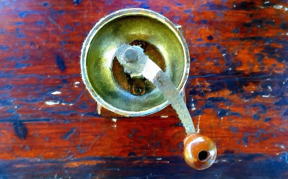 An antique coffee grinder on the table in the garden on a summer morning.