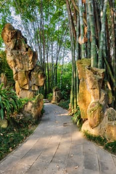 Path in bamboo forest brove in Wangjiang Pavilion (Wangjiang Tower) Wangjianglou Park. Chengdu, Sichuan, China