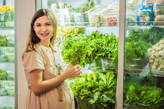 A glowing pregnant woman after forty makes a healthy choice as she selects organic vegetables and fruits at the vibrant organic market, prioritizing her well-being and her baby's health.