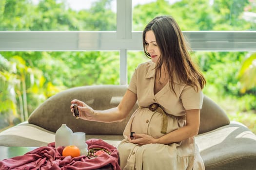 A serene moment captured as a pregnant woman after 40 embraces the soothing benefits of aroma oils and an aroma diffuser, enhancing her pregnancy journey with relaxation and tranquility.