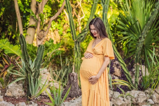 A serene and radiant pregnant woman after 40, surrounded by nature's beauty in the park, cherishing the journey of motherhood with a glowing smile.