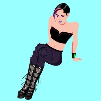 A woman in street style is sitting on the floor. Sci-fi style vector illustration