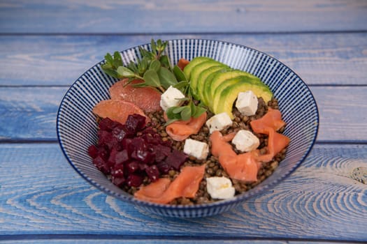 RECIPE SUMMER SALAD LENTILS AVOCADO SALMON, BEET CHEESE PURSLANE, GRAPEFRUIT,High quality photo