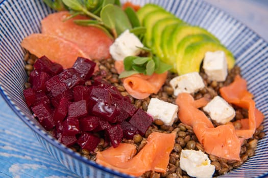 RECIPE SUMMER SALAD LENTILS AVOCADO SALMON, BEET CHEESE PURSLANE, GRAPEFRUIT,High quality photo
