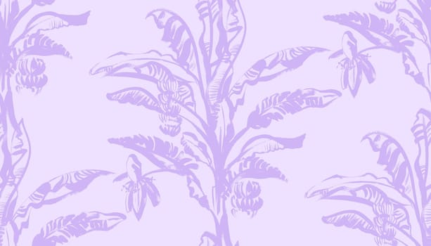 purple summer seamless pattern with a banana palm with tropical leaves drawn with a dry brush in two colors for tropical textile