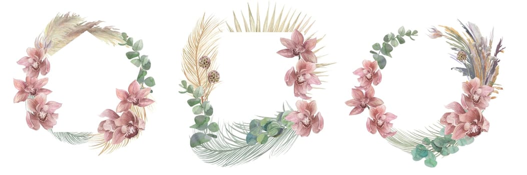 A set of frames for creating postcards with orchids painted in watercolor with eucalyptus and pampas grass isolated on a white background
