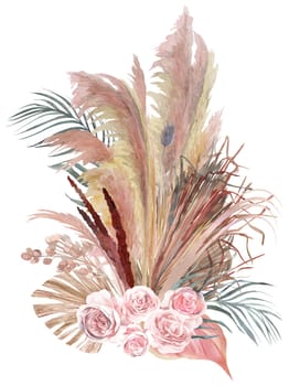 Watercolor illustration with bouquet in boho style with flowers of light roses and dried flowers of pampas grass
