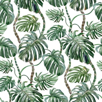 Seamless pattern with Monstera flower painted in watercolor on a white background for prints and textile design