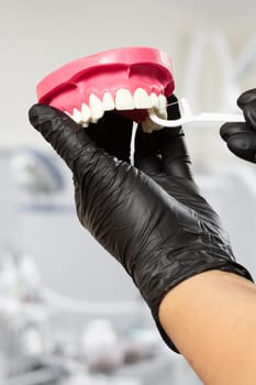 Close-up view of the hand with a human jaw layout and a floss toothpick. Dental office on the background.
