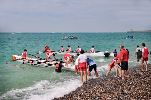 DIEPPE, FRANCE - MAY 25, 2019: French Rowing Championship. Water Rowing boats