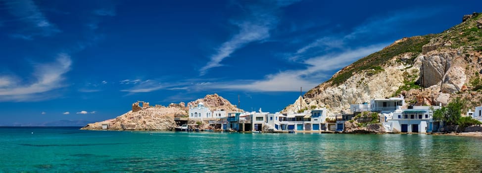 Panorama of the beach and fishing village of Firapotamos in Milos island, Greece