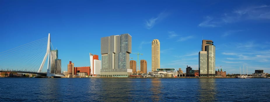 Panorama of Rotterdam skyscrapers skyline and Erasmusbrug bridge view over of Nieuwe Maas river. Rotterdam, the Netherlands