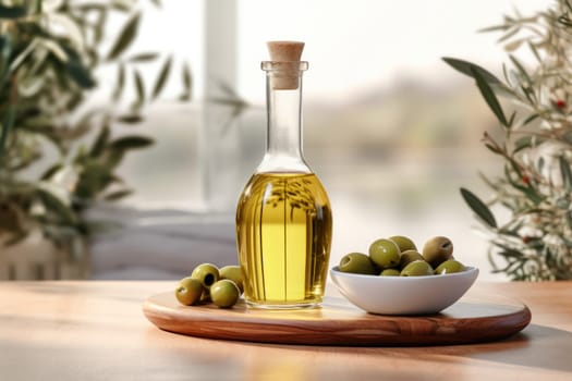 Olive oil and olives berries are on the wooden table under the olive tree