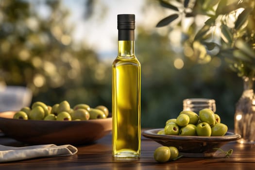 Olive oil and olives berries are on the wooden table under the olive tree