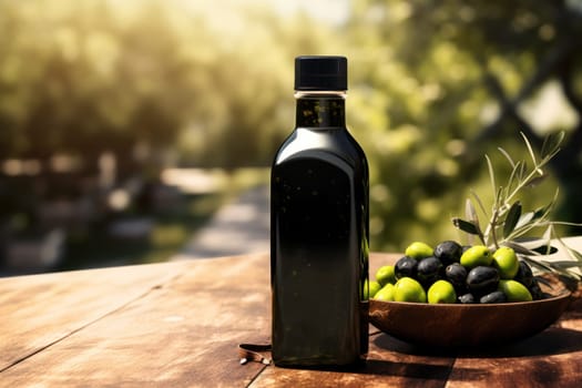 Olive oil and olives berries are on the wooden table under the olive tree