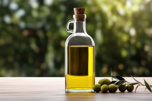 Olive oil and olives berries are on the wooden table under the olive tree