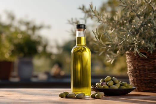 Olive oil and olives berries are on the wooden table under the olive tree